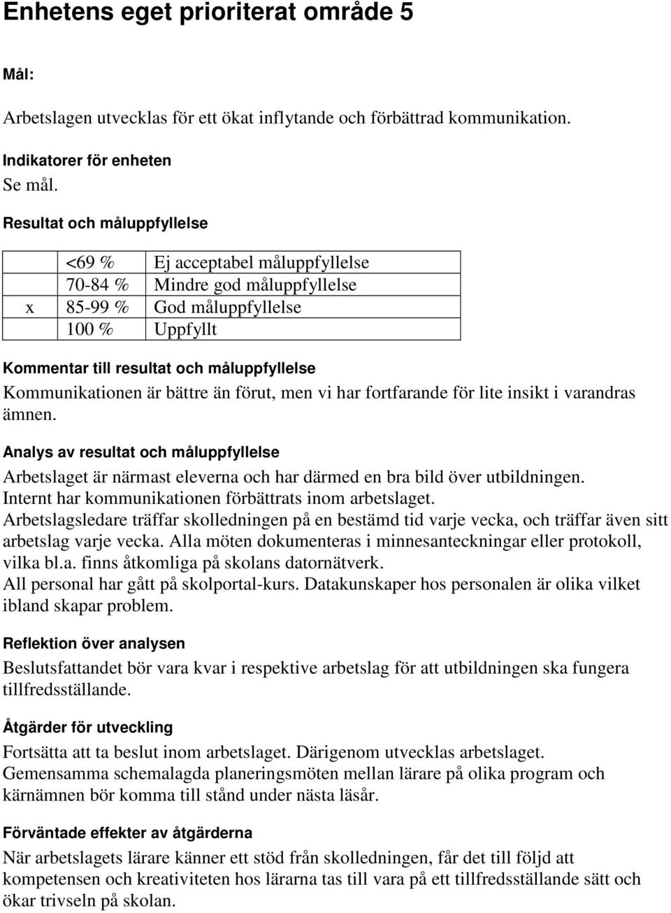 Arbetslaget är närmast eleverna och har därmed en bra bild över utbildningen. Internt har kommunikationen förbättrats inom arbetslaget.