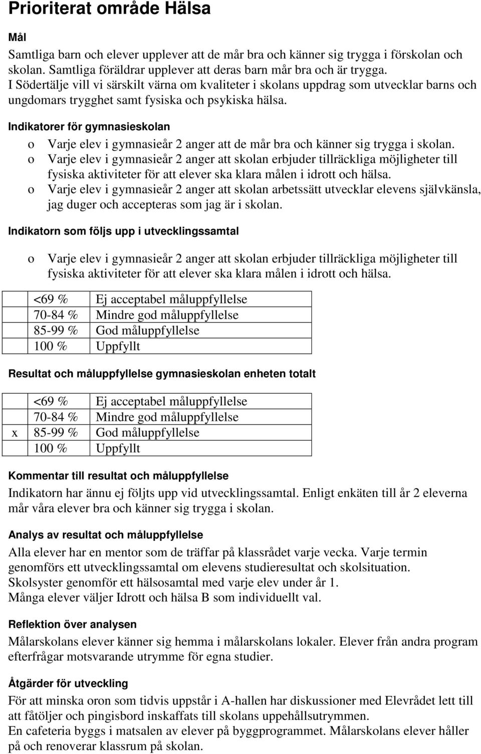 Indikatorer för gymnasieskolan o Varje elev i gymnasieår 2 anger att de mår bra och känner sig trygga i skolan.