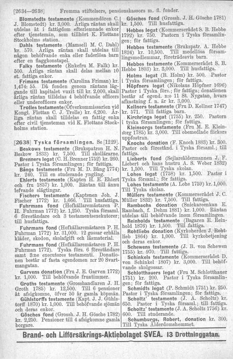 [2634-2638] Fromma stiftelsers, pensionskassors m. fl. fonder. Blomstedts testamente.(kommendören C. Gösches fond (Grossh. J. H. Gösche 1781).J. Blomstedt) kr. 3,000. Arliga räntan skall kr. 1,500.