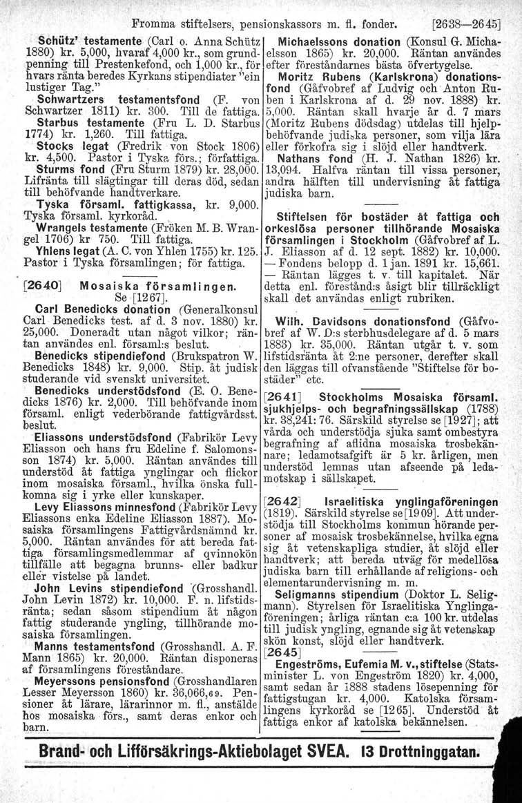 Fromma stiftelsers, pensionskassors m. fl. fonder. [2638-2645J Schiitz' testamente (Oarl o. Anna Schiitz I Michaelssons donation (Konsul G. Micha- 1880~ kr.. 5,000, hvaraf 4,000 kr.