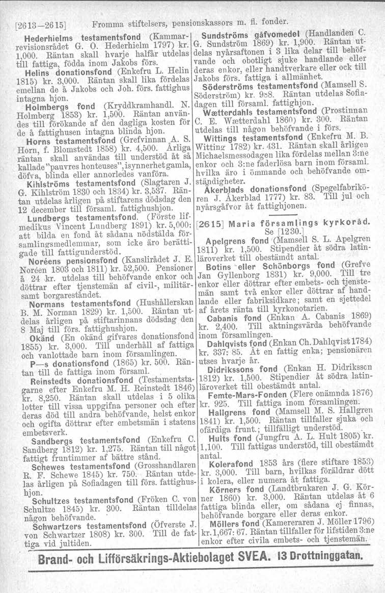 [2613-2615] Fromma stiftelsers, pensionskassors m. fl. fonder. Hederhielms testamentsfond (Kammar- Sundströms gåfvomedel (Handlanden C. revisionsrådet G. O. Hederhielm 1797) kr. G. Sundström 1869) kr.