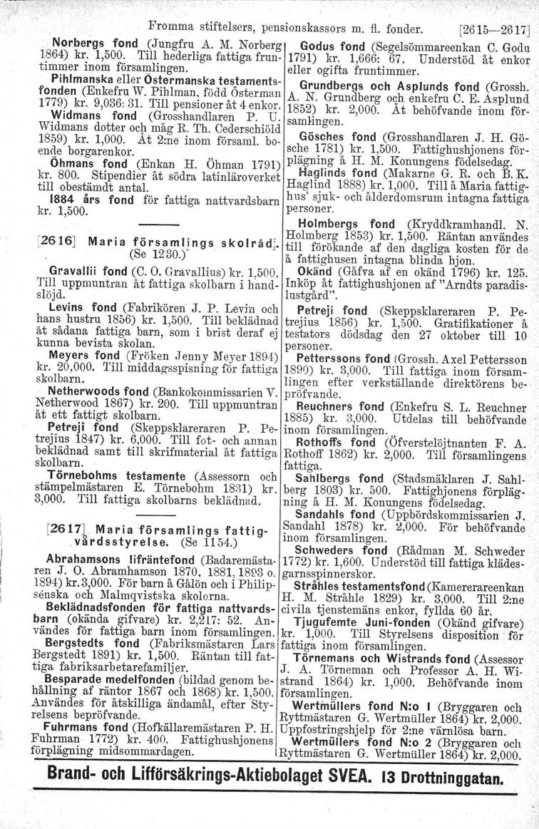 dj, Fromma stiftelsers, pensionskassors m. fl. fonder. [2615-2617J Norbergs fond (Jungfru A. M. Norberg Godus fond (Segelsömmare enkan C. Godu 1864) kr. 1,500. Till hederliga fattiga frun- 1791) kr.