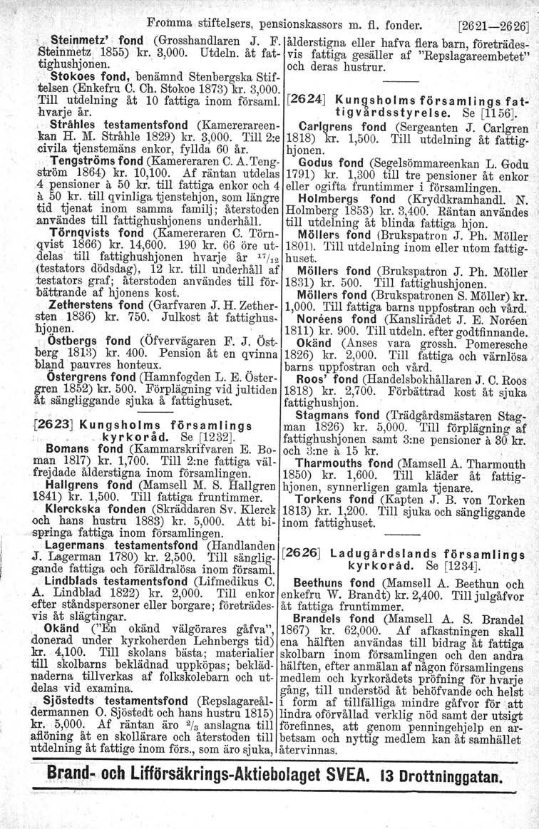 Fromma stiftelsers, pensionskassors m. fl, fonder. [2621---':2626J " Steinmetz' fond (Grosshandlaren J. F. ålderstigna eller hafva flera barn, företrädes- Steinmetz 1855) kr. 3,000. Utdeln.