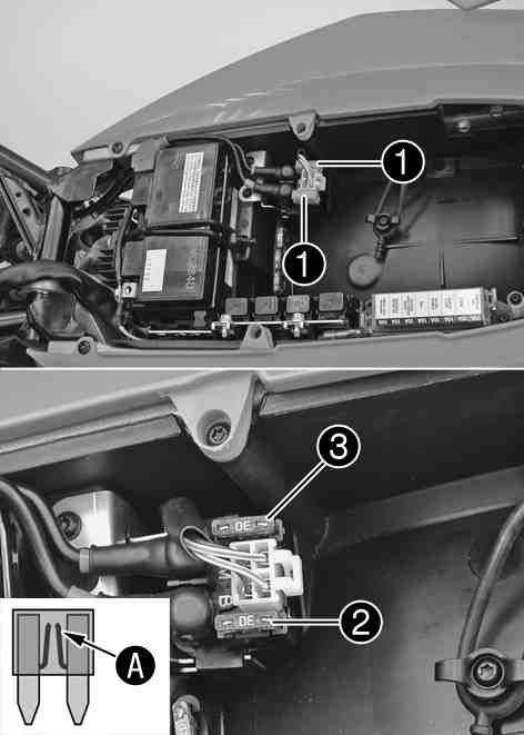 UNDERHÅLL AV CHASSI OCH MOTOR 104 Info Alla strömförbrukare i fordonet är säkrade via huvudsäkringen. Huvudsäkringen sitter under förarens sadel. Stäng av alla strömbrytare och motorn. Ta bort sadeln.