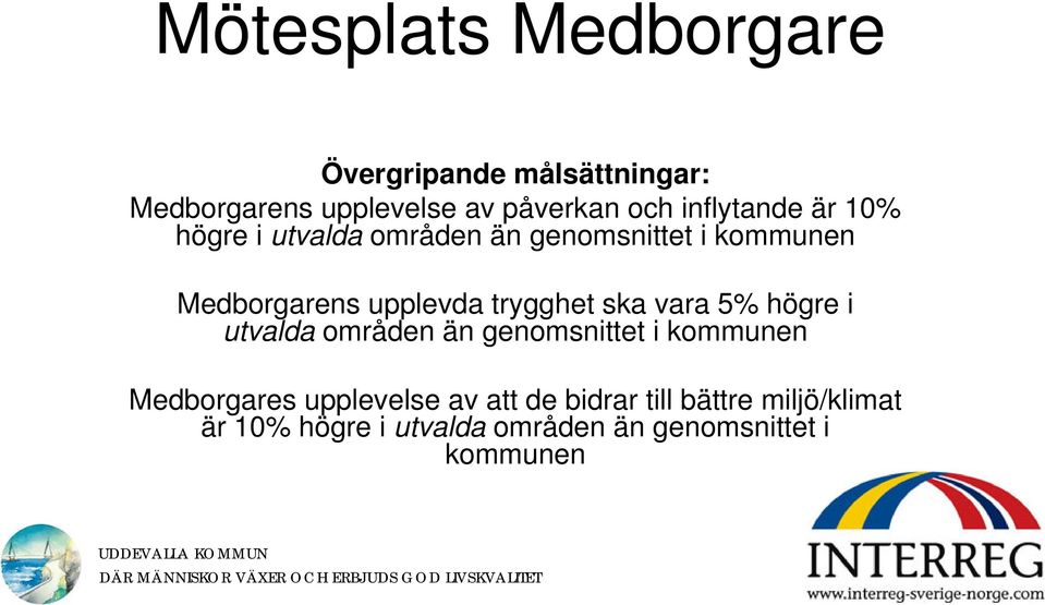 trygghet ska vara 5% högre i utvalda områden än genomsnittet i kommunen Medborgares