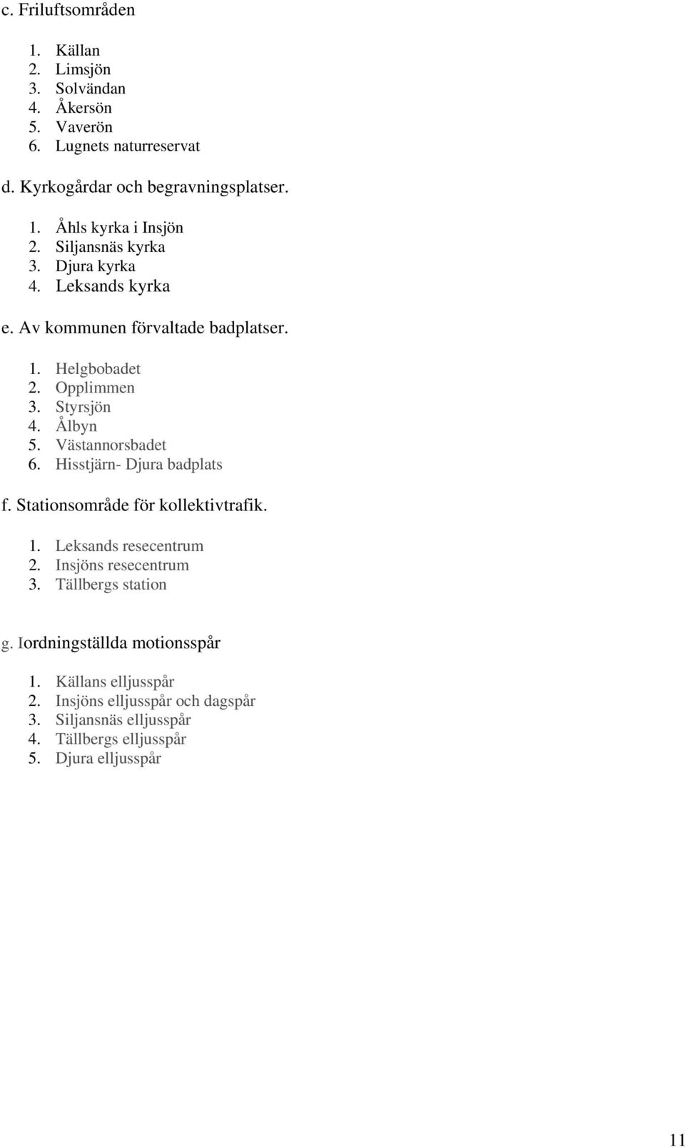 Västannorsbadet 6. Hisstjärn- Djura badplats f. Stationsområde för kollektivtrafik. 1. Leksands resecentrum 2. Insjöns resecentrum 3. Tällbergs station g.