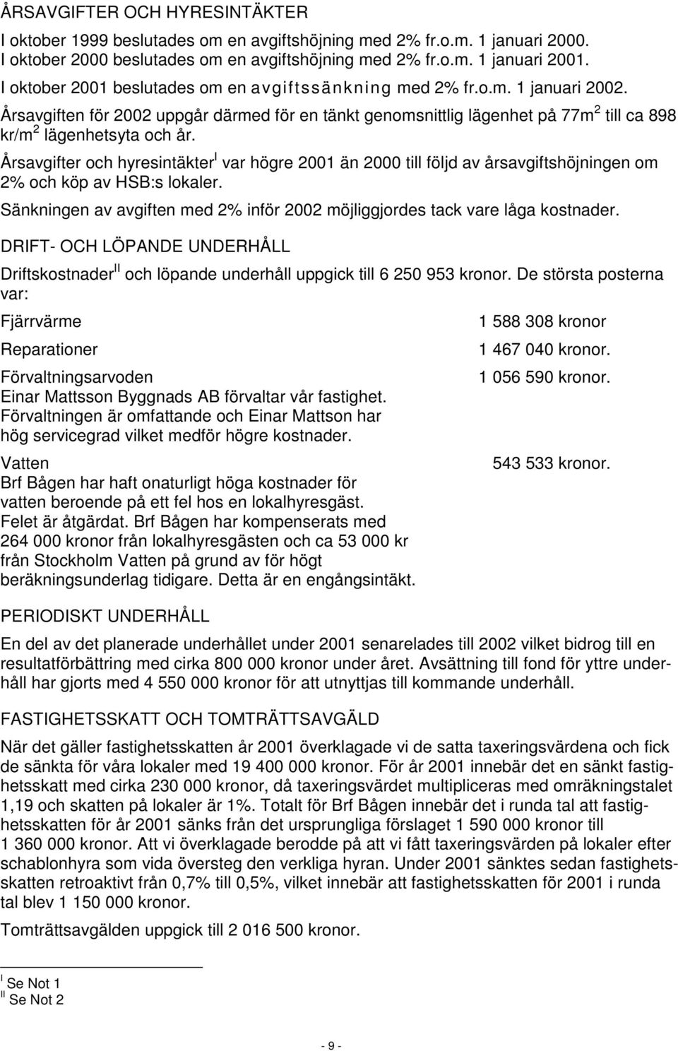 Årsavgifter och hyresintäkter I var högre 2001 än 2000 till följd av årsavgiftshöjningen om 2% och köp av HSB:s lokaler.