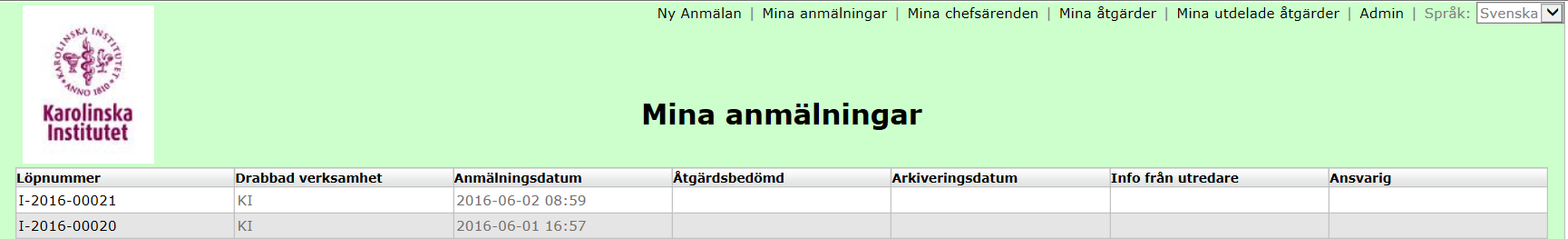 Anmälan består av 5 delar. Du har möjlighet att förhandsgranska innan du skickar. Ärendet skickas till den chef du angivit samt till central handläggare. Du får ett mejl med en länk till ditt ärende.