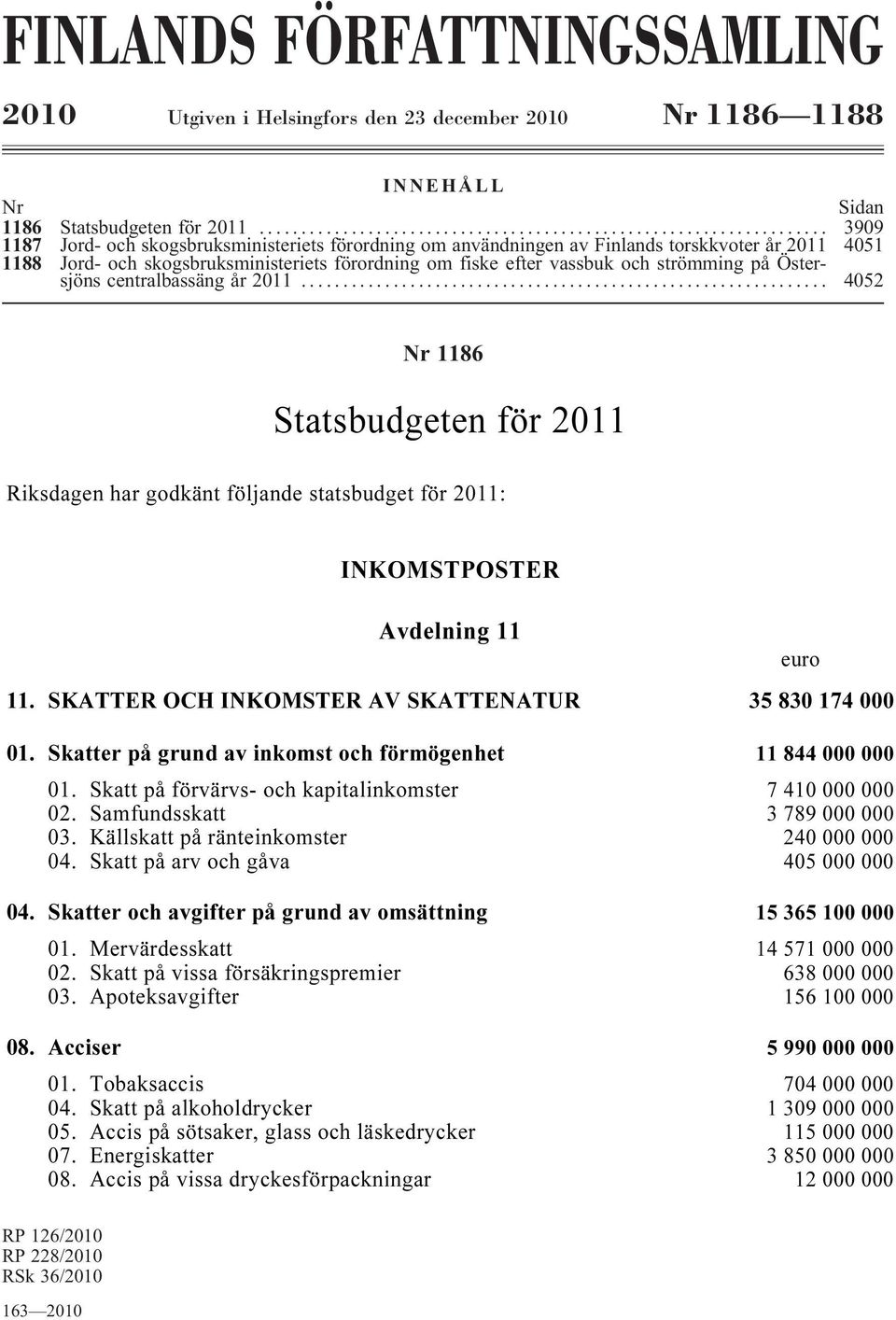 Östersjönscentralbassängår2011... 4052 Nr 1186 Statsbudgeten för 2011 Riksdagen har godkänt följande statsbudget för 2011: INKOMSTPOSTER Avdelning 11 11.