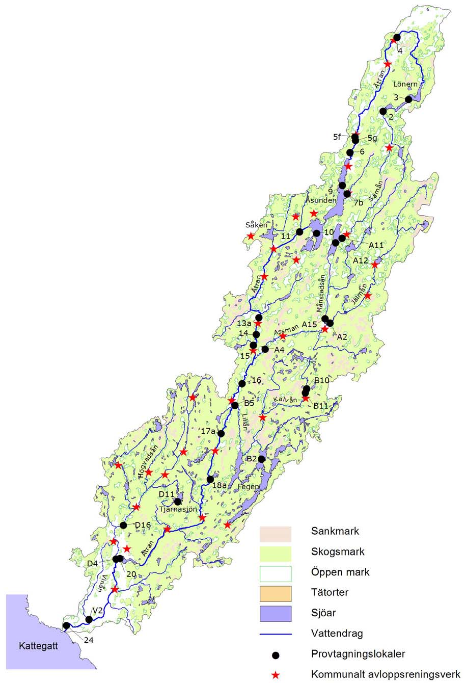 ÄTRAN 2012 Bakgrund Karta 1. Ätrans avrinningsområde med provtagningspunkter och kommunala avloppsreningsverk.