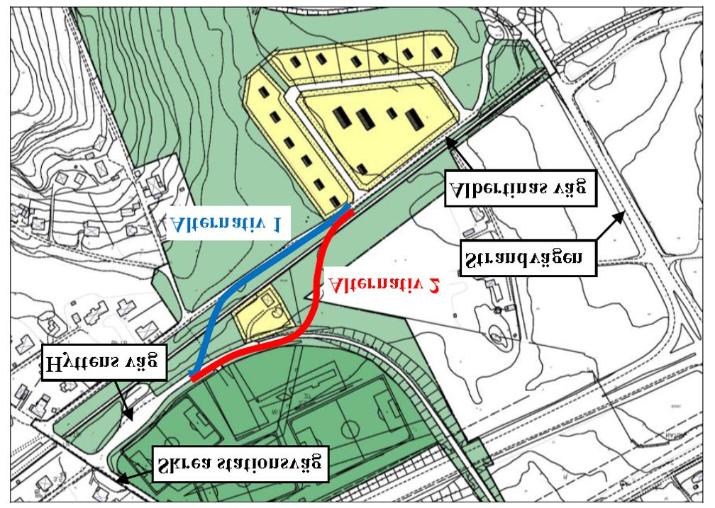 4 (10) Kommunen utreder två alternativa placeringar av anslutningen mellan sydöstra delen av Albertinas väg och nordvästra delen av Hyttens väg, se figur 2. Figur 2.