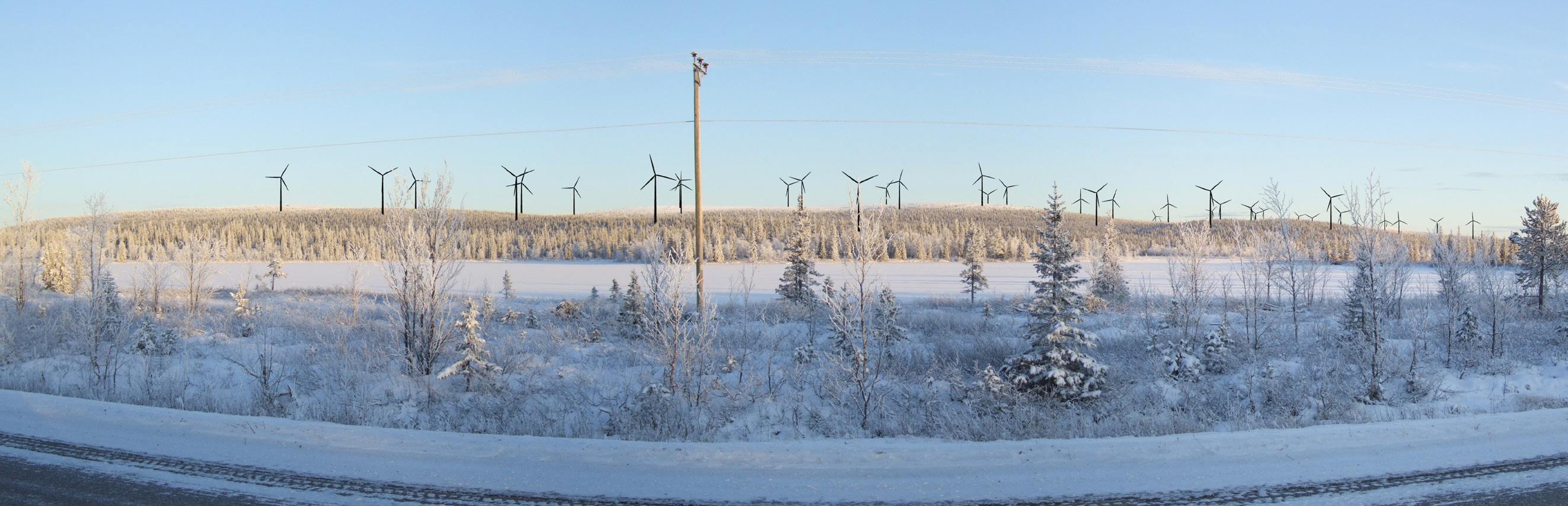 Fotomontage från väg E10 vid Vuomajärvi mot nordost, avstånd till anläggningen ca 2,4 km.