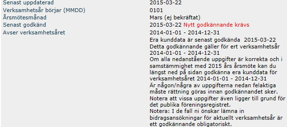 Godkännande En gång om året skall uppgifterna om er förening godkännas. Detta ska du göra så snart ni haft ert årsmöte.