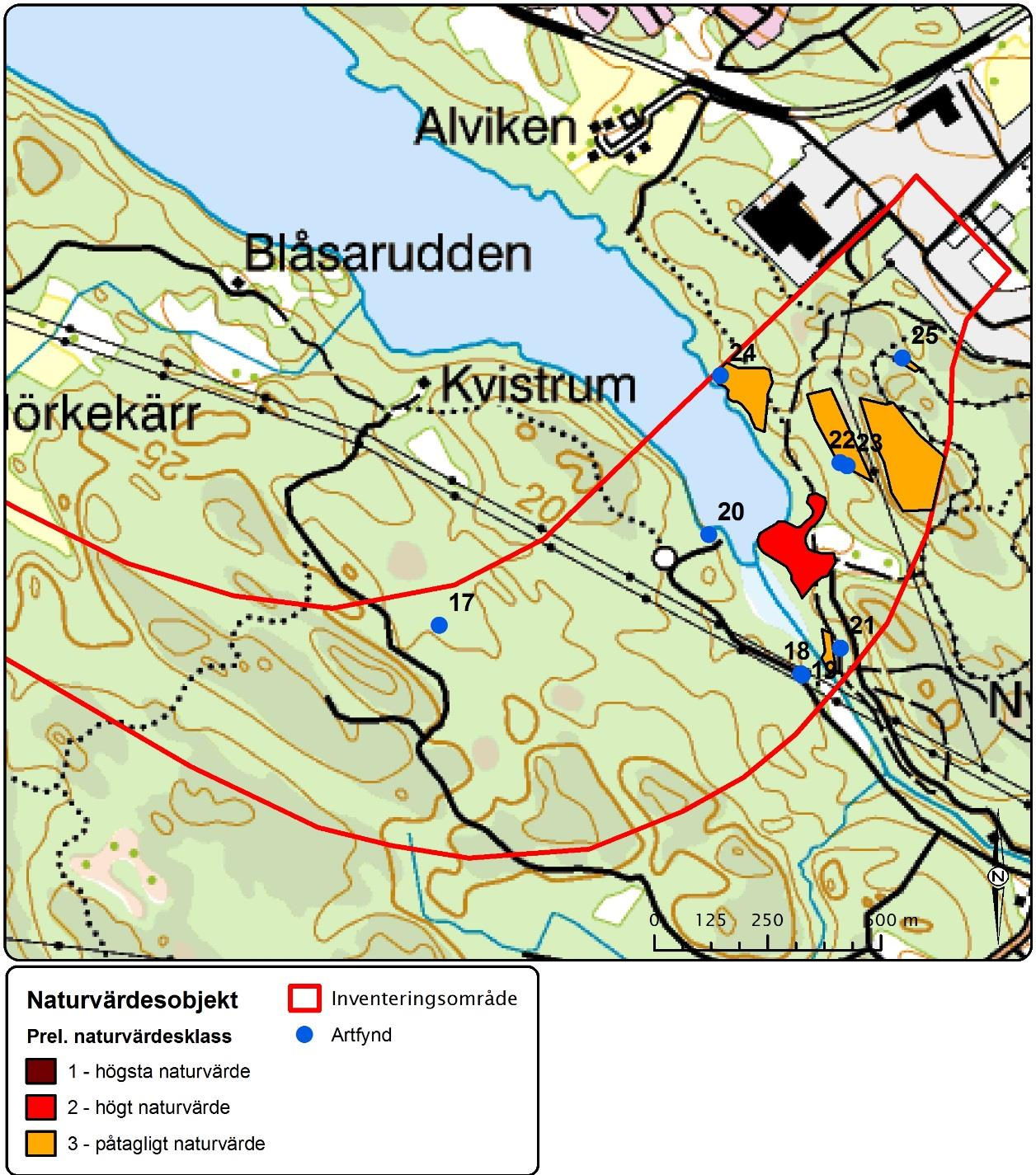 Figur 10. Här presenteras lokaler för de artfynd som gjordes i inventeringsområdets östra del.