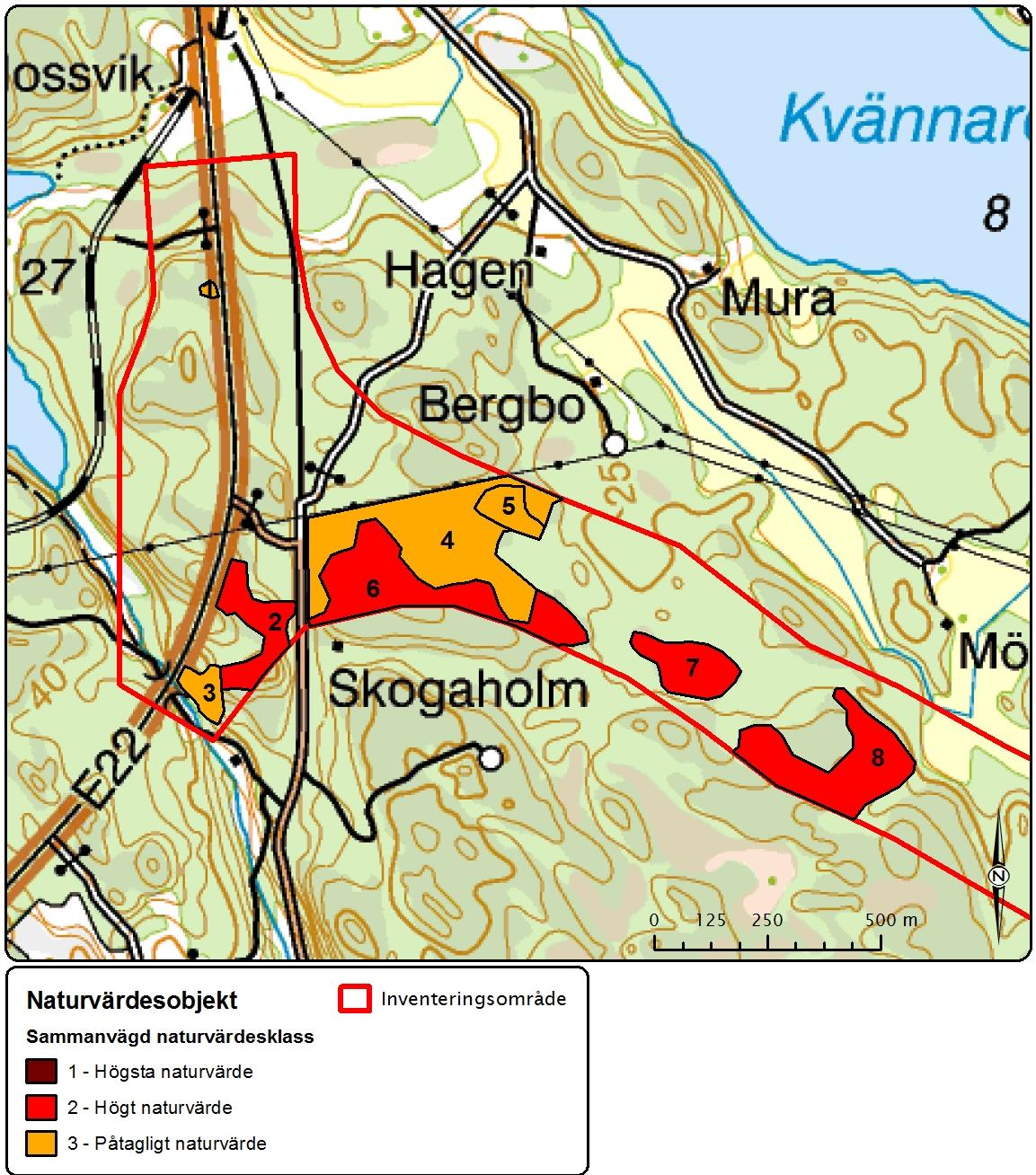 Figur 13. Sammanvägd naturvärdesklass för naturvärdesobjekten i den västra delen av området.