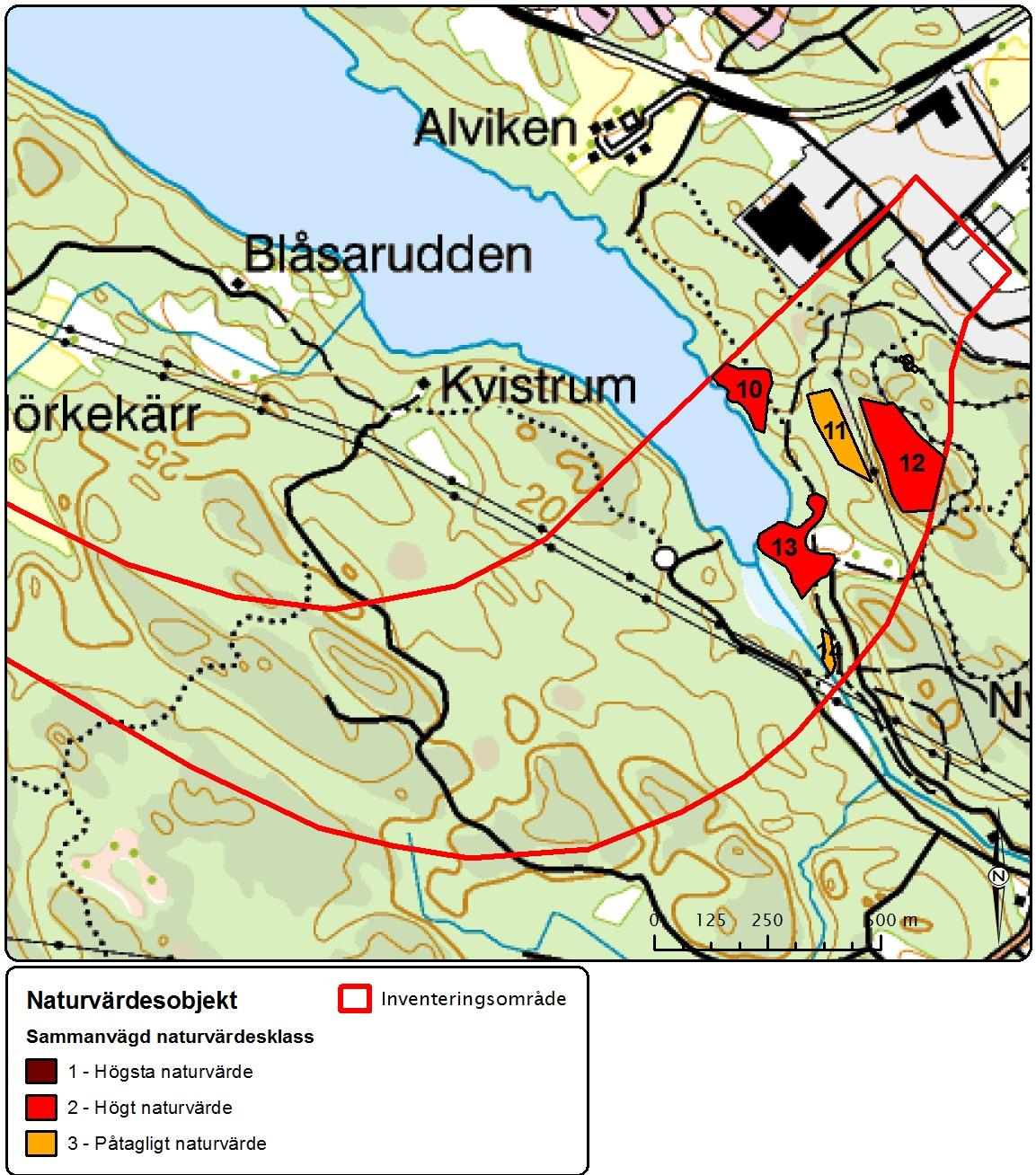 Figur 14. Sammanvägd naturvärdesklass för naturvärdesobjekten i den östra delen av området. För objekt 10, 12 och är den sammanvägda naturvärdesklassen högre än den preliminära.