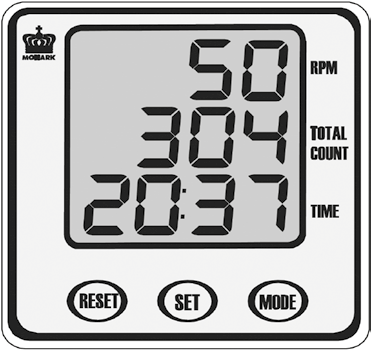 Mätarinstruktioner Display Pedalvarv (RPM) 0-250 varv/min Pedalvarv totalt 9999 varv (TOTAL COUNT) Tid (TIME) 0:00-99:59 min:sek Batterier: Lagringstemperatur: Arbetstemperatur: 2 x 1,5 V, R6 (AA)