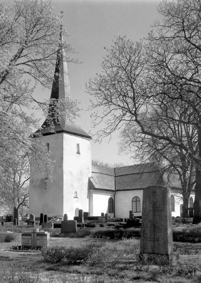 Fig. 16. Bolstads kyrka ligger på Dalboslätten i söder nära Vänern. Långhusets västra del och tornet står kvar från den äldsta byggnadsperioden. Tornet är dendrokronologiskt daterat till 1140 talet.