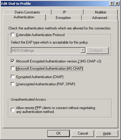 9. I Edit Dial-in Profile väljer man fliken "Autentication" och ser till att inget är förbockat