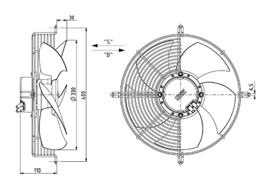 Axialfläktar 330 mm axialfläkt med EC-motor Benämning Spänning Märkeffekt Varvtal Märkström Temp.