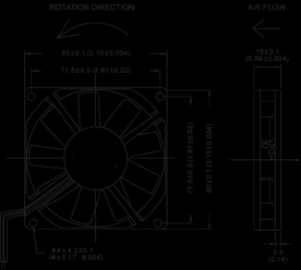 Kompaktfläktar DC Kompaktfläkt 80x80x25 mm Benämning Spänning Märkeffekt Varvtal Märkström Ljudeffektsnivå D8025V12H 12V 2,40W 3200 min -1 0,20A 35 db(a) D8025V12M 12V 1,92W 2600 min -1 0,16A 32