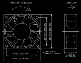 Kompaktfläkt 60x60x25 mm Benämning Spänning Märkeffekt Varvtal Märkström Ljudeffektsnivå D6025V12SH-03 12V 4,68W 7000 min -1 0,39A 47 db(a) D6025V12SM-03 12V 4,08W 6000 min -1 0,34A 42 db(a)