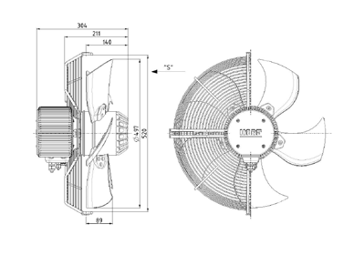 500 mm axialfläkt med integrerad frekvensomformare Benämning Spänning Märkeffekt Varvtal Märkström Temp.