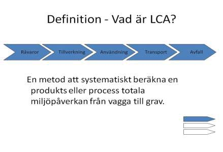 Livscykelanalys 7,5 hp Metodologin enl ISO14 041-43 Kritisk granskning av flera LCA mot standardens krav samt av begränsningar med metoden Självständigt söka data Självständig genomföra översiktlig