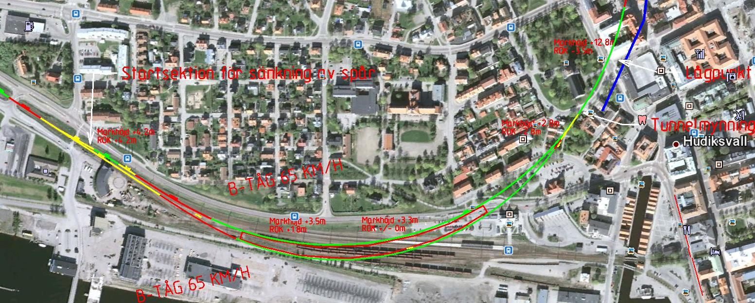 Av spårets vertikalgeometri och topografin följer att en tunnelmynning syd inte kan byggas i berg söder om Västra vägen.