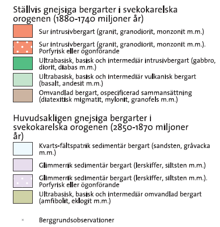 SGU:s bergartskarta antyder att ett bågformat stråk av en glimmerrik bergart korsar genom de centrala delarna av Hudiksvall i en i övrigt troligen kompetent granitisk bergmassa (surt intrusiv).