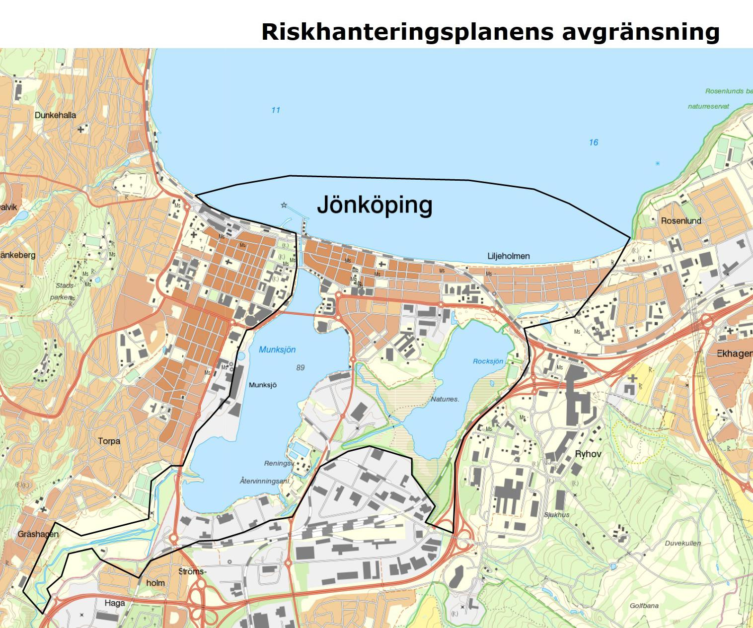 2 Karta med avgränsning Riskhanteringsplanen omfattar det område som avgränsas av en heldragen svart linje i ovanstående kartbild.
