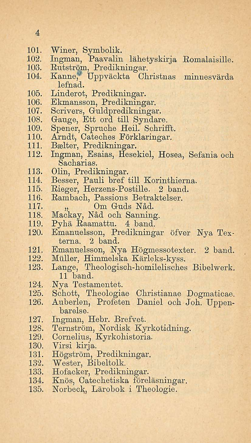 101. Winer, Symbolik. 102. Ingman, Paavalin lähetyskirja Romalaisille. 103. Rutström, Predikningar. 104. Kanne, *' Uppväckta Ohristnas minnesvärda lefnad. 105. Linderot, Predikningar. 106.