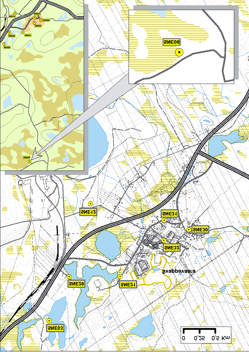 Bilaga 1. Mätpunkter Nedfallande stoft Figur 1 Nedfallande stoft mättes 2012 i åtta mätpunkter i och omkring Svappavaara. Provtagning av snö sker i SNE03, SNE06, SNE12 och SNE21.