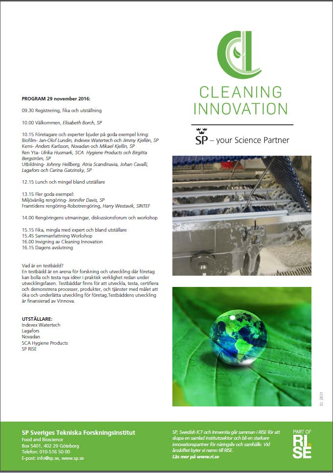 Bild 1. Inbjudan och program till seminariet Cleaning Innovation 29 november 2016. Cleaning Innovation finns registrerad som en RISE-testbädd (bild 2) inom divisionen Biovetenskap och material.
