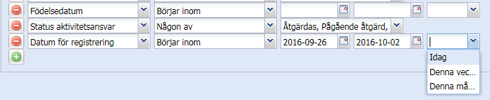 Förbättring av urvalsmöjligheter i Aktivitetsansvar (maj 2016) Datum för Registrering samt Födelsedatum har ändrats för att underlätta sökning, och t ex urval på exakt ett datum eller denna vecka,