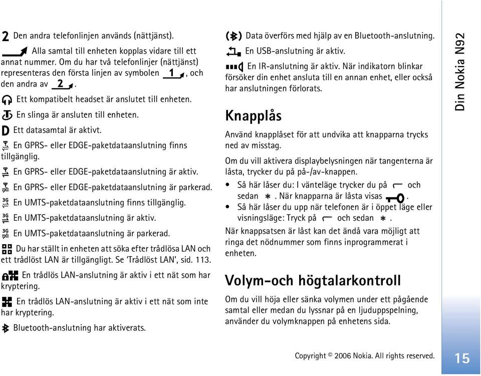 Ett datasamtal är aktivt. En GPRS- eller EDGE-paketdataanslutning finns tillgänglig. En GPRS- eller EDGE-paketdataanslutning är aktiv. En GPRS- eller EDGE-paketdataanslutning är parkerad.