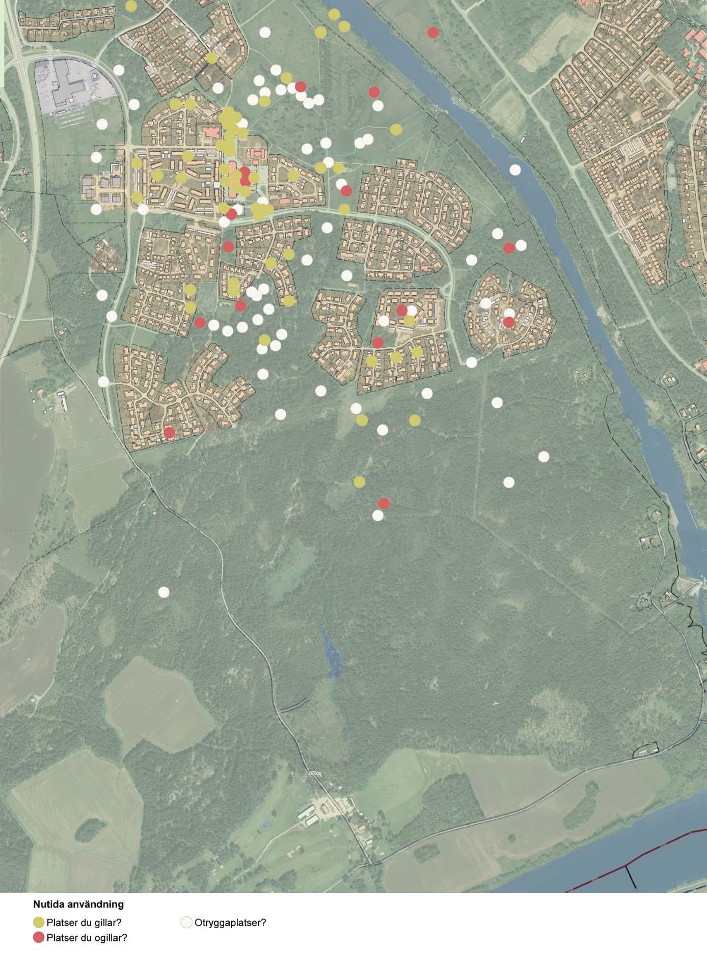 Delen där eleverna markerade ut på kartan så märktes tydligt att tankar kring trygghet/otrygghet spelade en stor roll när eleverna tänkte på sin närmiljö.