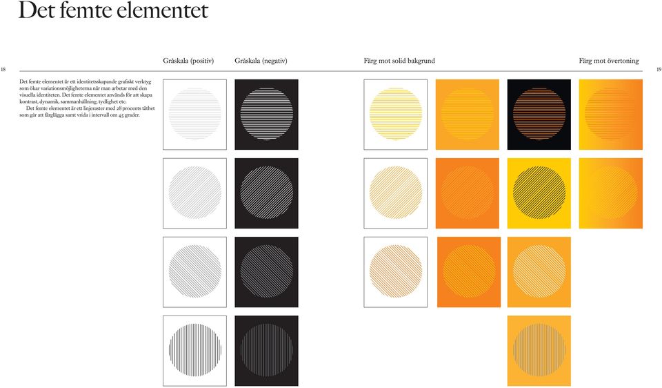 visuella identiteten. Det femte elementet används för att skapa kontrast, dynamik, sammanhållning, tydlighet etc.