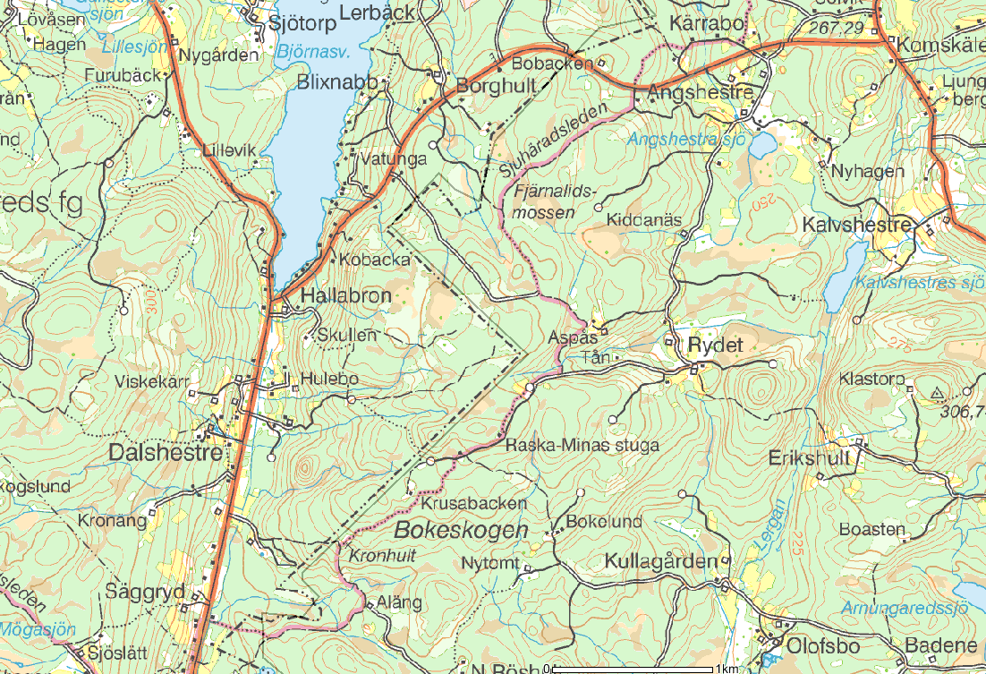 Figur 4 - Etableringsområdet, inom röd cirkel. (GIS - Västra Götalands län) 7.2 Landskapets karaktär Topografin präglas av höjder på uppemot 320 meter.