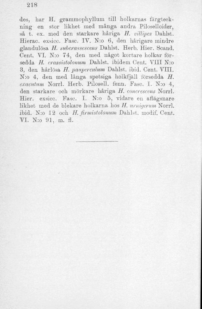 218 des, har H. grammophyllum till holkarnas färgteckning en stor likhet med många andra Piloselloider, så t. ex. med den starkare håriga H. irillipes Dahlst. Hierac. exaicc. Fasc. IV.