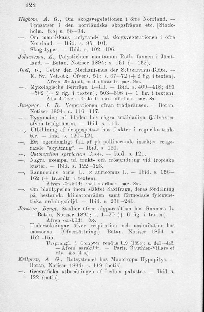 222 Högbom. A. G., Oin skogsvegetationen i öfre Norrland. Uppsatser i den norrländska skogsfrågan etc. [Stockholm. 8:0] s. 86-94., Orn människans inflytande på skogsvegetationen i öfre Norrland.