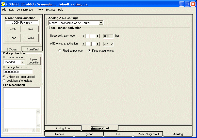 Mode4, Boost activated AN2 output Man kan styra vad som ska hända med Analog 2 out när man tex. överskrider ett visst laddtryck (eller annan analog insignal).