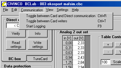 HUVUDMENY FILE Open Öppnar TuneCard-filer som innehåller inställningar du sparat tidigare. Kallat.cbc filer Save Sparar de inställningar som BCLab har för tillfället till nuvarande TuneCard-fil.