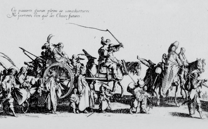 Skäl bakom utvandringen västerut Första vågen: ankomster mellan 1417 och 1421 Lejdebrev SVARTA SOM TATARERNA Ill. 6 Romska pilgrimer. Gravyr av Jacques Callot, 1622. (ur Hancock 1987, s.