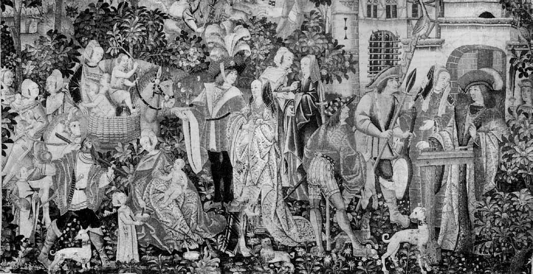 Projekt för utbildning av romska barn i Europa Ill. 11 Zigenarnas besök. Okänd upphovsman, cirka 1490. Ullgobeläng. (ur Fraser 1992, s.