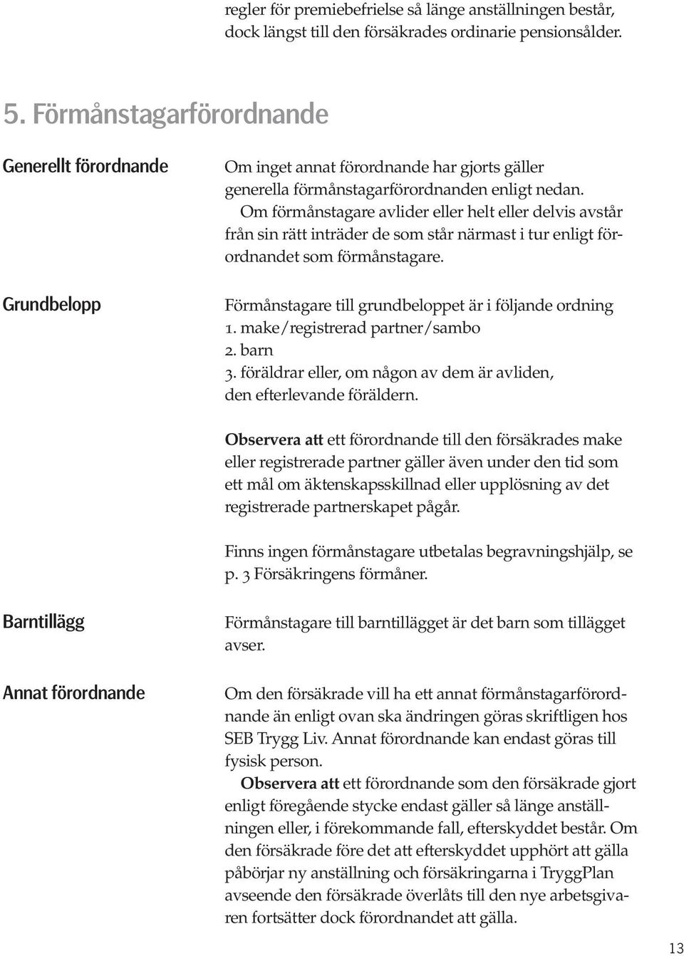 Om förmånstagare avlider eller helt eller delvis avstår från sin rätt inträder de som står närmast i tur enligt förordnandet som förmånstagare.