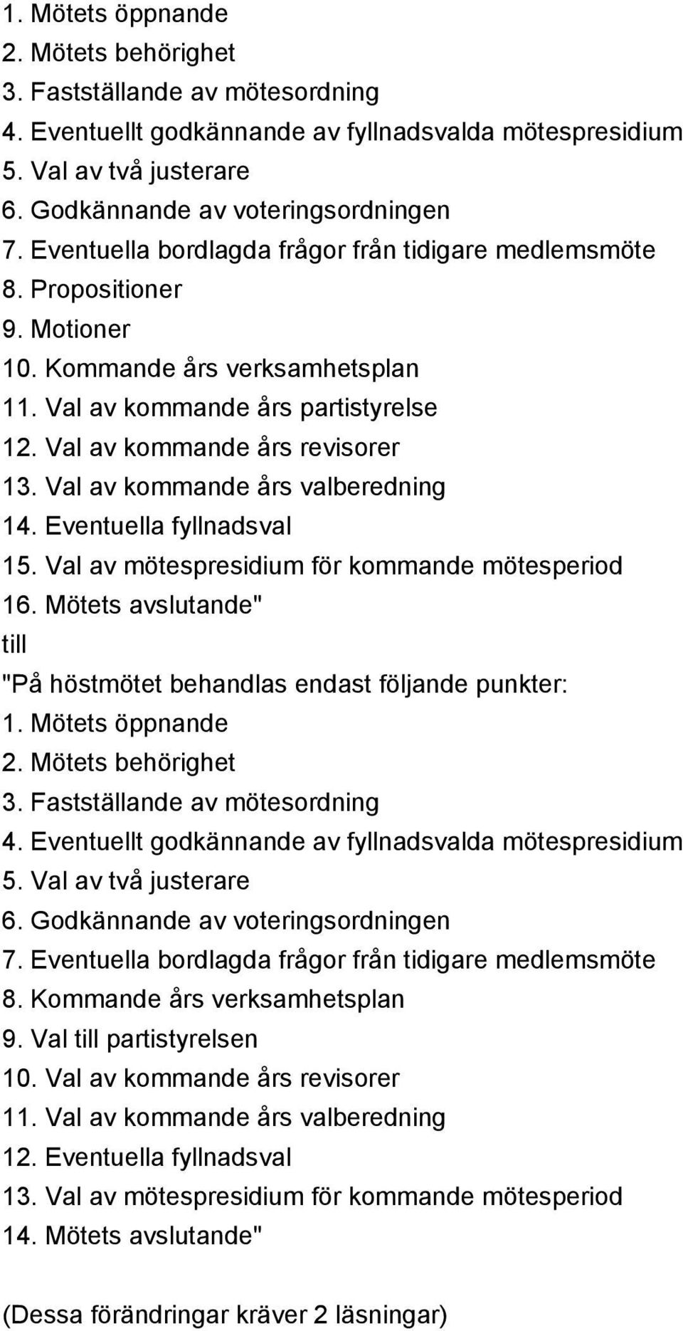 Val av kommande års valberedning 14. Eventuella fyllnadsval 15. Val av mötespresidium för kommande mötesperiod 16.