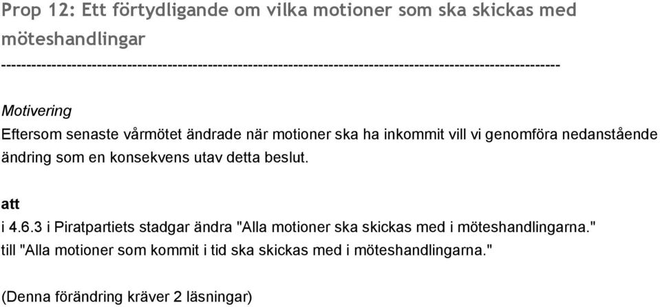 detta beslut. i 4.6.3 i Piratpartiets stadgar ändra "Alla motioner ska skickas med i möteshandlingarna.