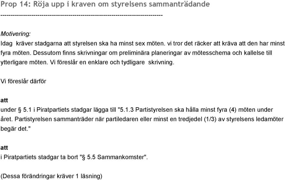 Vi föreslår en enklare och tydligare skrivning. under 5.1 i Piratpartiets stadgar lägga till "5.1.3 Partistyrelsen ska hålla minst fyra (4) möten under året.