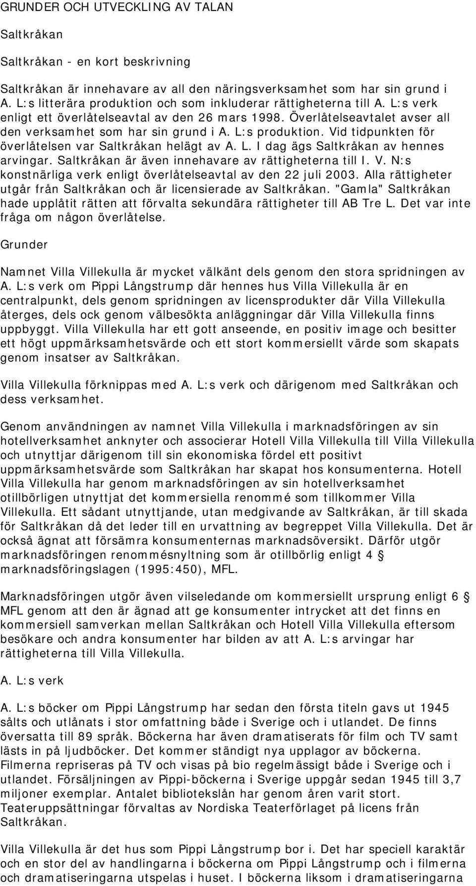 L:s produktion. Vid tidpunkten för överlåtelsen var Saltkråkan helägt av A. L. I dag ägs Saltkråkan av hennes arvingar. Saltkråkan är även innehavare av rättigheterna till I. V. N:s konstnärliga verk enligt överlåtelseavtal av den 22 juli 2003.